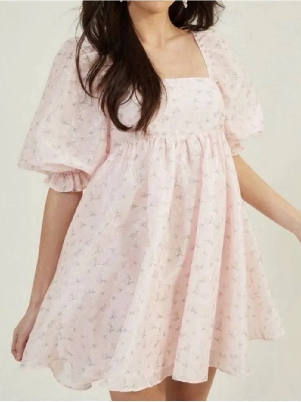 Baby Pink Floral Puff-Sleeve Babydoll Dress - Picture 7 of 8
